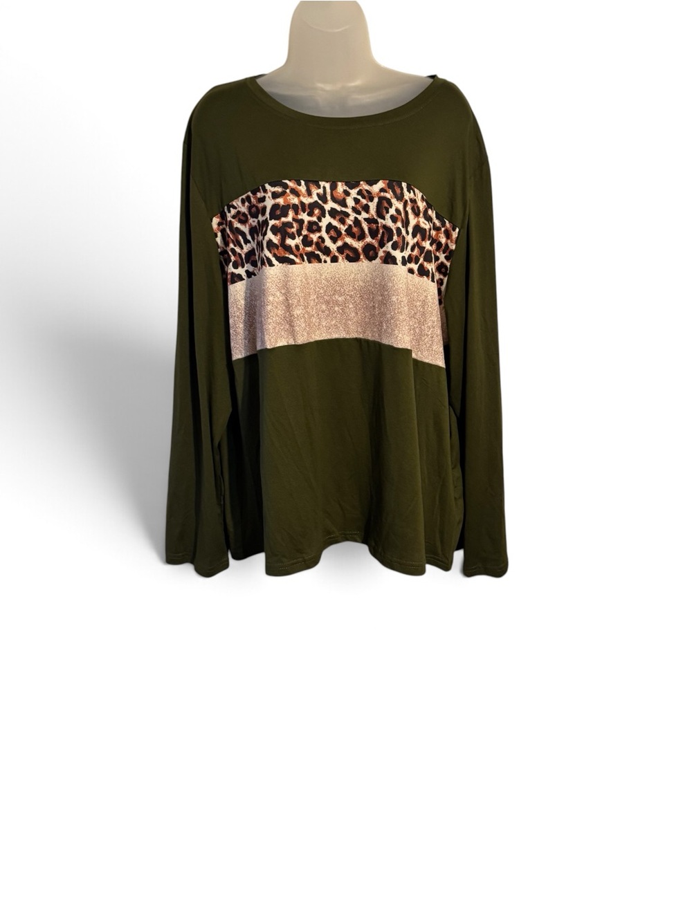 Olive Green Long-Sleeve Top with Leopard Print and Metallic Band